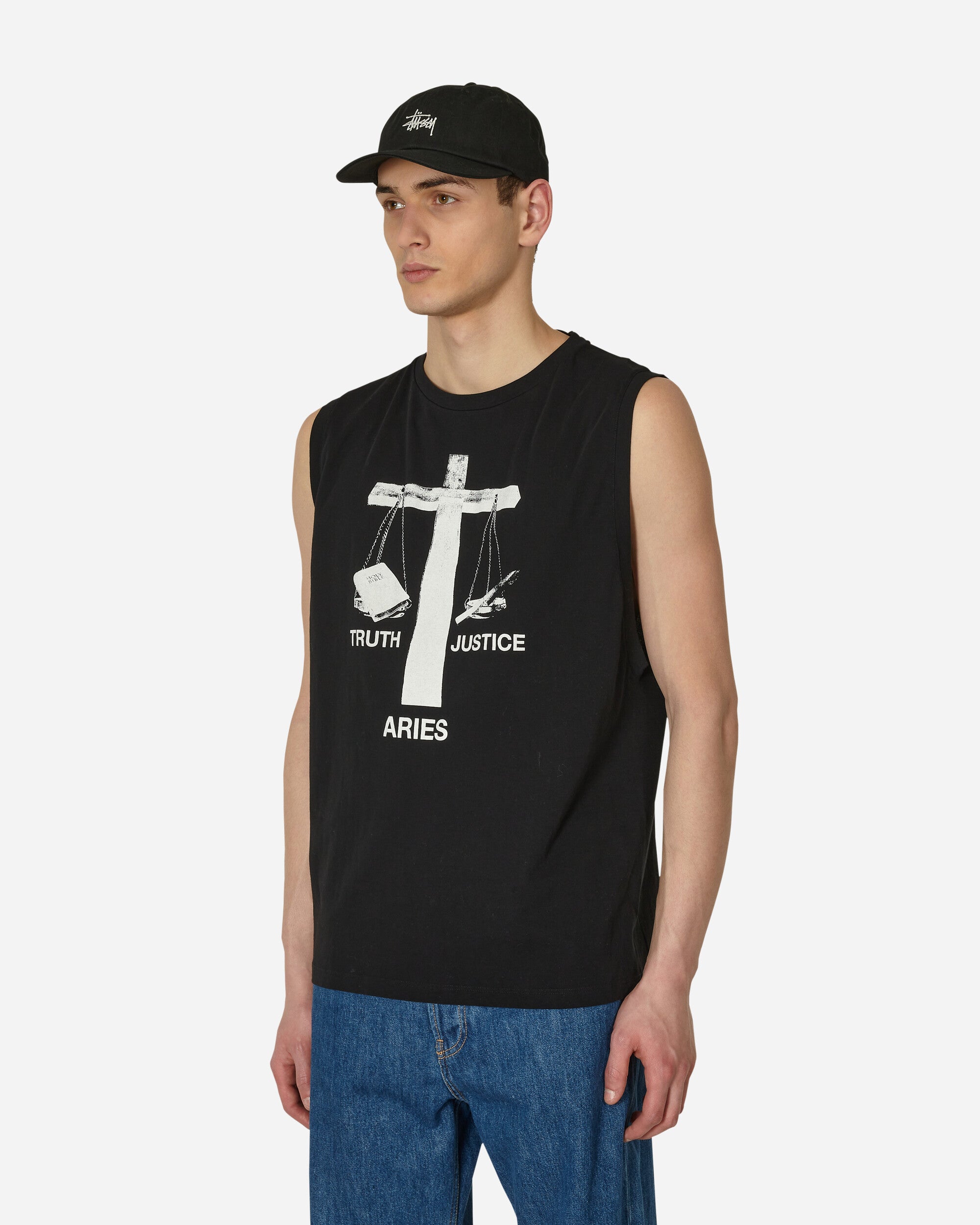 Aries Truth N Justice Low Armhole Vest Black T-Shirts Shortsleeve STAR40040 BLK